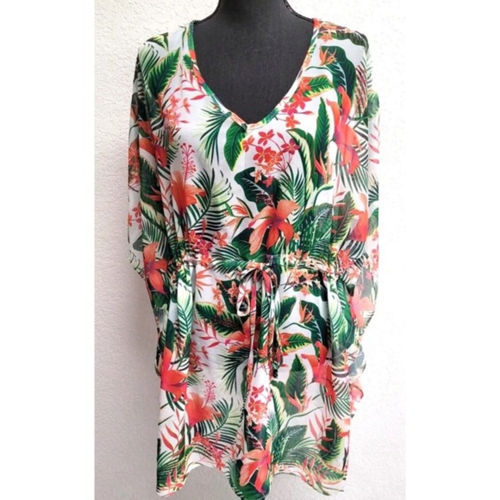 Women's West Loop Sheer Tropical‎ Hawaiian Floral swimsuit cover up one size